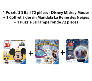 1 Puzzle 3D Ball 72 pièces - Disney Mickey Mouse + 1 Coffret à dessin Mandala La Reine des Neiges + 1 Puzzle 3D lampe ronde 72 pièces - Livraison offerte